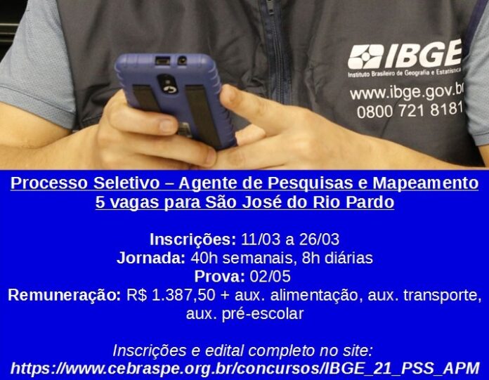 IBGE abre 5 vagas para os cargos de Agente de Pesquisas e Mapeamento em São José do Rio Pardo