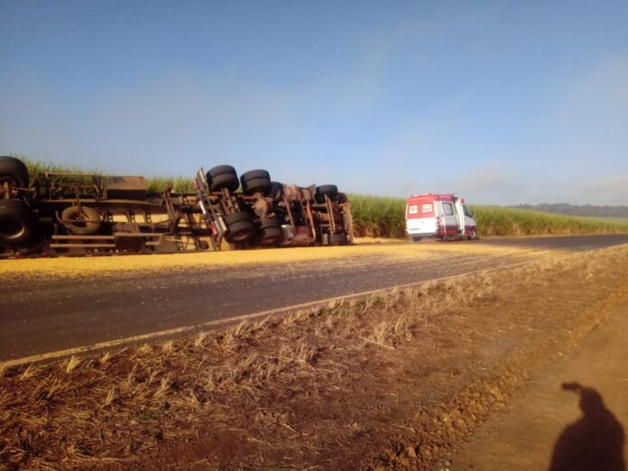 Carreta carregada de milho tomba em vicinal e motorista sofre ferimentos leves